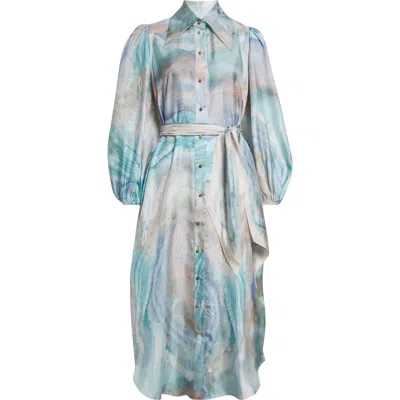Zimmermann Seascape Print Belted Long Sleeve Silk Shirtdress In Blue Agate