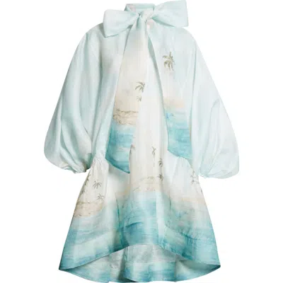 Zimmermann Seascape Print Long Sleeve Organza Minidress In Blue Seascape