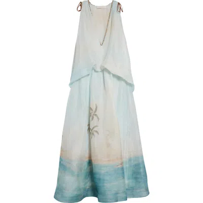 Zimmermann Illuminate Bead-embellished Printed Linen And Silk-blend Gown In Blue