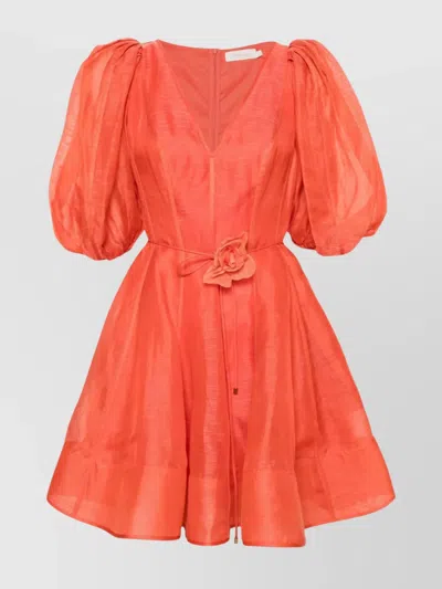 Zimmermann Serenity Floral Mini Dress With Puff Sleeves In Orange