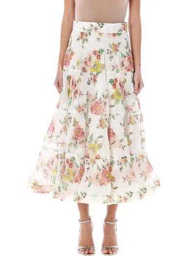 Zimmermann Sheer Elegance: High Waisted Pleated Midi Skirt In Ivory_coral_floral