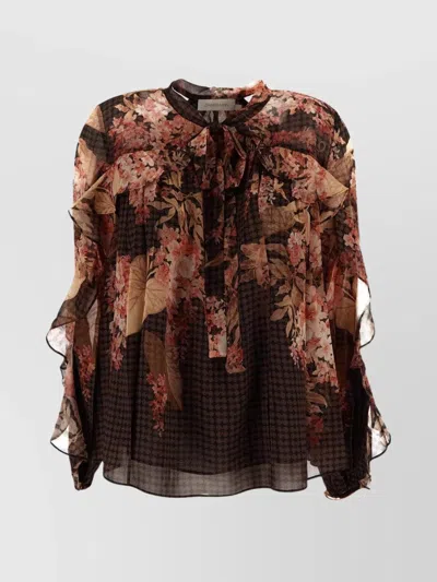 ZIMMERMANN SHEER FLORAL RUFFLE TIE NECK BLOUSE