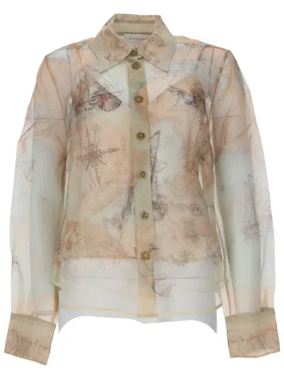 Zimmermann Sheer Lightweight Silk Shirt With Vintage-inspired Print In Orange