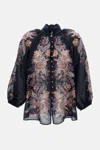 Zimmermann Rhiannon Billow Blue Blouse With High Neck And All-over Paisley Print In Ramie Woman In Blue