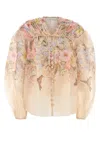 Zimmermann Illuminatebeige Blouse With Puffed Sleeves And All-over Floral Print In Linen And Silk Blend Woman