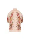 Zimmermann Ascension Embellished Shirred Floral-print Ramie Blouse In Multi