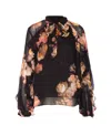 Zimmermann Hypnotic Floral Print Ruffle Georgette Top In Black