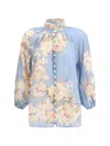 Zimmermann Cascadian Lace-trimmed Floral-print Ramie Blouse In Blue