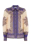 Zimmermann Maxine Paisley Blouson Sleeve Ramie Button-up Shirt In White
