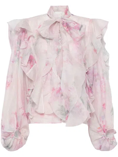 Zimmermann Ruffled Floral High Neck Shirt In Pink