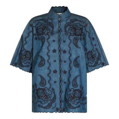 Zimmermann Aster Denim Shirt With All-over Contrasting Embroidery In Blue