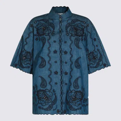 Zimmermann Aster Denim Shirt With All-over Contrasting Embroidery In Blue