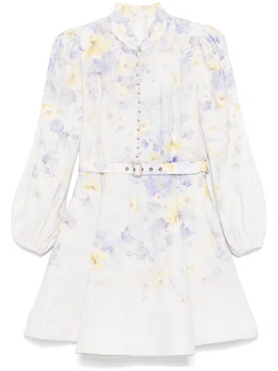 Zimmermann Floral Pattern Dress With High Neckline And Puffed Sleeves In Purple