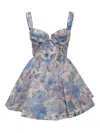 Zimmermann Short Dress With Floral Print And Draped Bodice In Blue