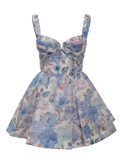 Zimmermann Short Dress With Floral Print And Draped Bodice In Blue