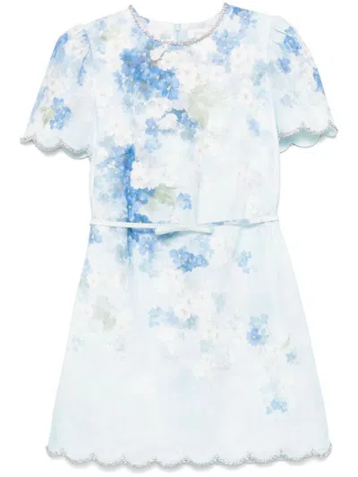 Zimmermann Short Dress With Floral Print And Waist Belt In Blue