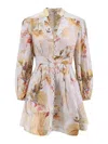 Zimmermann Ascension Light Blue Mini Dress With Flared Skirt And All-over Print In Linen Woman