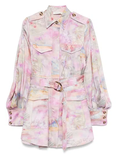 Zimmermann Short Printed Jacket Dress With Belted Waist In Pink