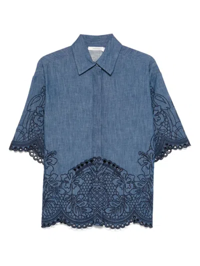 Zimmermann Short Sleeve Embroidered Top In Blue