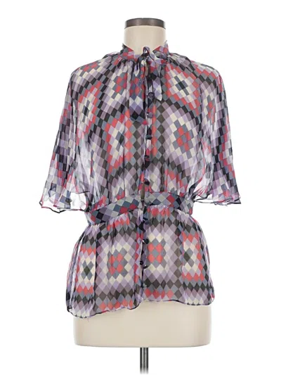 Pre-owned Zimmermann Short Sleeve Silk Top Ivory Print Pattern Tie Neck Tops In White