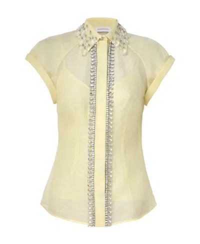 Zimmermann Matchmaker Crystal-embellished Linen And Silk-blend Shirt In Lemon