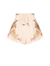 Zimmermann Ascension Belted Bead-embellished Floral-print Linen Shorts In Pink