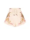 Zimmermann Ascension Belted Bead-embellished Floral-print Linen Shorts In Pink