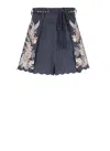 Zimmermann Rhiannon Blue Shorts With Removable Belt And Floral Embroidery On The Side In Linen Woman In Black