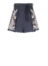 Zimmermann Rhiannon Blue Shorts With Removable Belt And Floral Embroidery On The Side In Linen Woman In Black