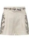 Zimmermann High Waist Floral Embroidery Belted Shorts In Beige
