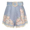 Zimmermann Cascadian Belted Lace-trimmed Pleated Floral-print Linen Shorts In Blue