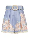 Zimmermann Cascadian Belted Lace-trimmed Pleated Floral-print Linen Shorts In Blue