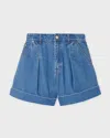 Zimmermann Pleated Denim Shorts With Cuff In Blue