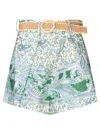 Zimmermann Ottie Belted Pleated Printed Linen Shorts In Green
