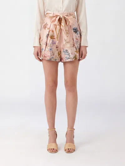 Zimmermann Peach Pink Belted High-waisted Floral Bermuda Shorts