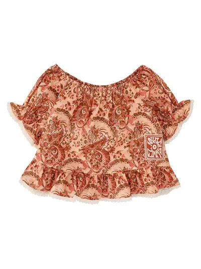 Zimmermann Short-sleeved Ruffled Top For Girls In Rosa