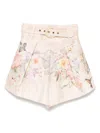 Zimmermann 'illuminate' Beige Shorts With Adlustable Belt And All-over Floral Print In Beige