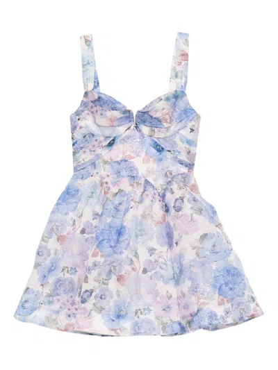 Zimmermann Silk & Linen Blend Keyhole Neck Mini Dress With Tulle Underlay In Azzurro