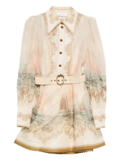 Zimmermann Silk And Linen Blend Mini Dress With Removable Belt - Size 0 In Rosa