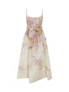 ZIMMERMANN SILK AND LINEN DRESS WITH FLORAL PATTERN