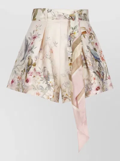 Zimmermann Silk Blend Floral-print Pleated Tailored Shorts In Gold