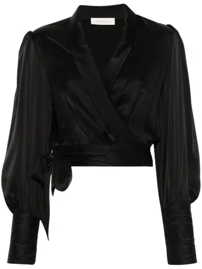 Zimmermann Silk Blouson-sleeve Wrap Top In Black