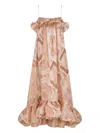 Zimmermann Illuminate Printed Ruffled Silk-satin Gown In Brown