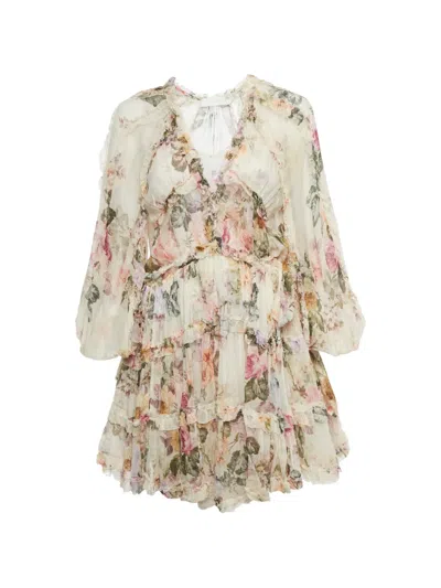 Pre-owned Zimmermann Silk Floral Mini Dress In Neutral