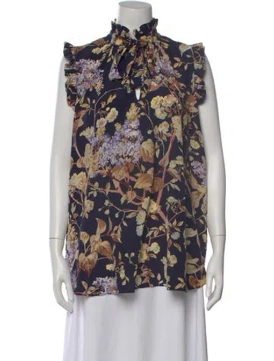 Pre-owned Zimmermann Silk Floral Print Blouse In Blue