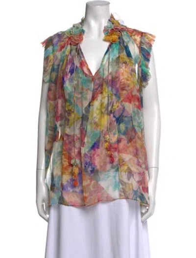 Pre-owned Zimmermann Silk Floral Print Blouse In Blue