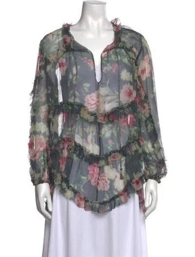 Pre-owned Zimmermann Silk Floral Print Blouse In Blue