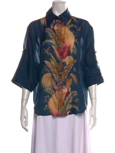 Pre-owned Zimmermann Silk Floral Print Blouse In Blue