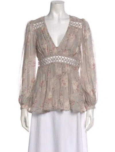 Pre-owned Zimmermann Silk Floral Print Blouse In Gray