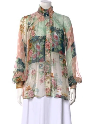 Pre-owned Zimmermann Silk Floral Print Blouse In Green